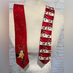 Ho Ho Ho set of Christmas Neck Ties White Snow Red Brown Reindeer Penguins